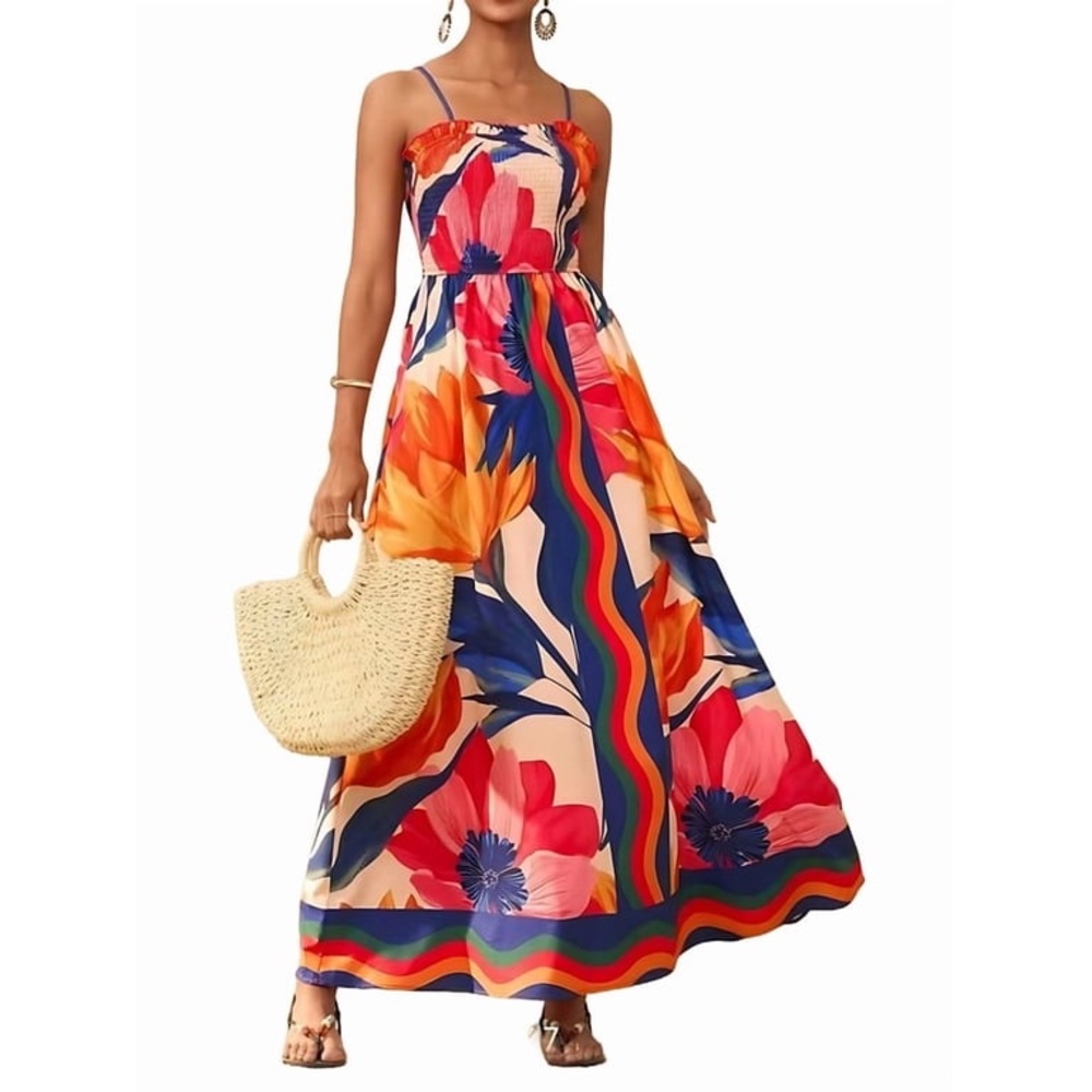 Charming Charlie Smocked Tropical Printed Spaghetti Strap Maxi Dress XXL NWT